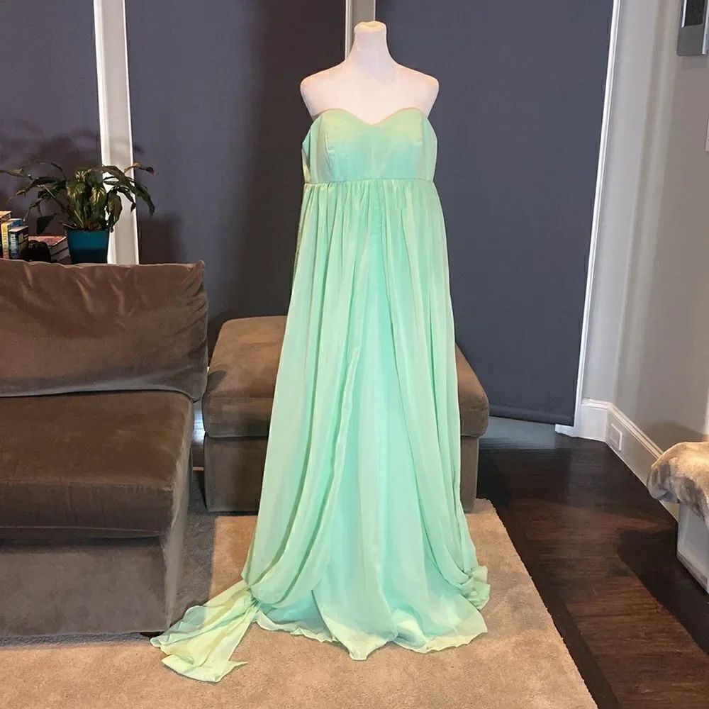 Women’s Full Length Sleeveless Green Chiffon Dress Long Flowing Panels Size 14